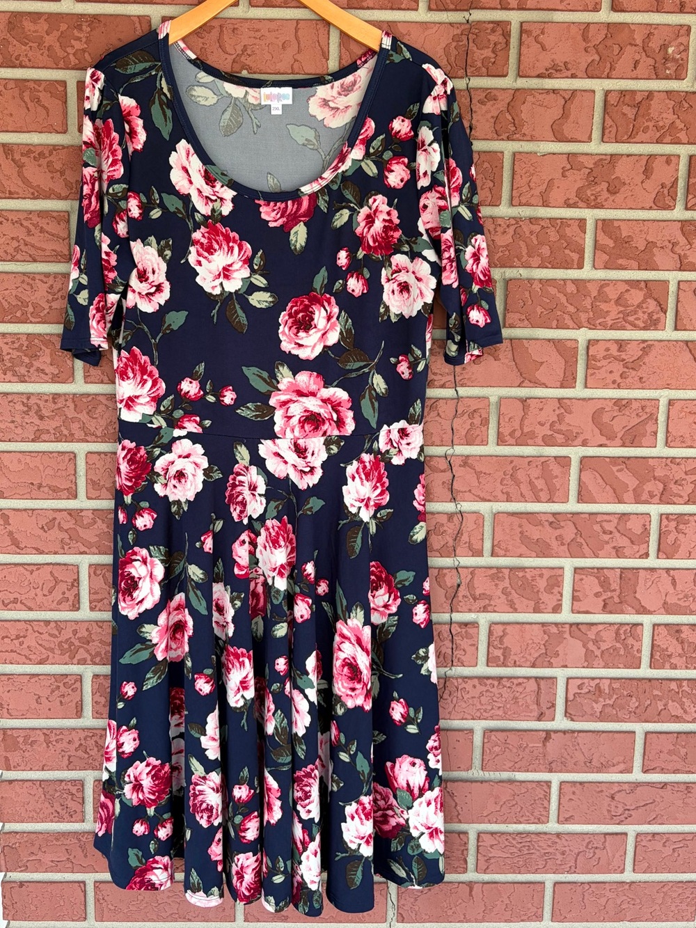 LuLaRoe Navy Midi Dress with Pink Rose Floral Print